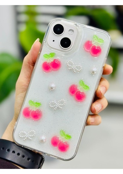 Aksesuar Iphone 13-14 ve 15 ile Uyumlu Inci Kiraz Oyuncak Tasarımlı Esnek Silikon Kılıfı