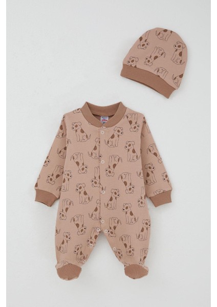 Erkek Bebek Patikli Tulum Sevimli Köpekçik Desenli 0-6 Ay, Açık Kahverengi