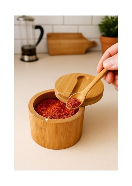 Kapaklı Kaşıklı Ahşap Baharatlık Doğal Ahşap Baharat Kabı Kaşık ve Kapaklı Tasarım Mutfak Tezgahı Için Şık Pratik Tuz Şeker Saklama Kutusu Baharat Organizer fiyatları