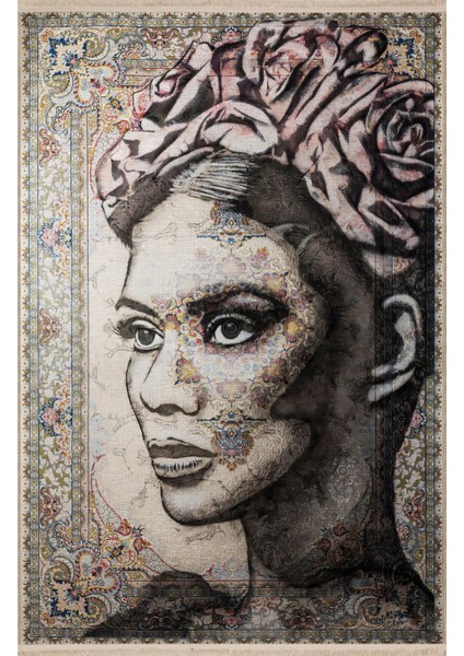 Drom Dokuma Taban Makinede Yıkanabilen Kilim Kaymaz Şönil Soyut Kadın Portre Desenli Kreatif Halı