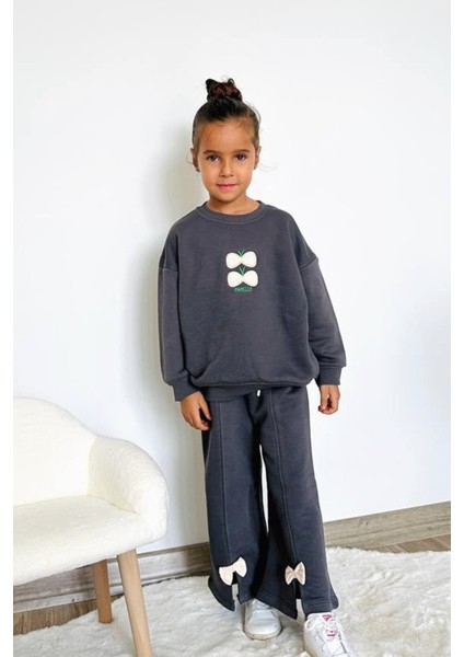 Kız Çocuk 3 Iplik Pamuklu Kumaş Kurdele Detaylı Sweatshirt ve Geniş Paça Eşofman Altı Alt Üst Takım