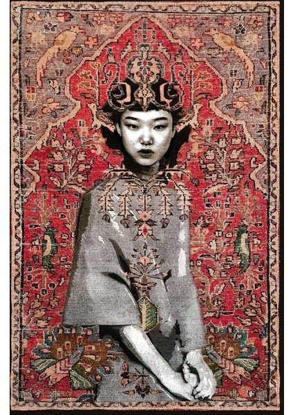 Drom Dokuma Taban Makinede Yıkanabilen Kilim Kaymaz Şönil Vintage Yüz Figürlü Otantik Halı