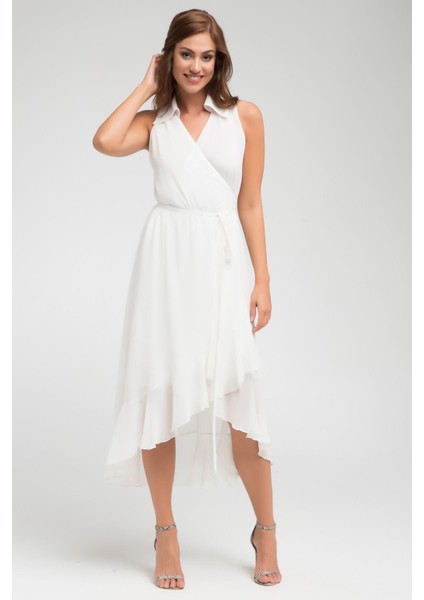 Ecru Gömlek Yaka Kruvaze Bağlamalı Asimetrik Şifon Elbise Gündüz Gece Şıklığı 24L7545