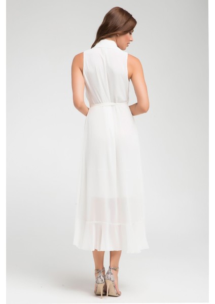 Ecru Gömlek Yaka Kruvaze Bağlamalı Asimetrik Şifon Elbise Gündüz Gece Şıklığı 24L7545 indirimleri