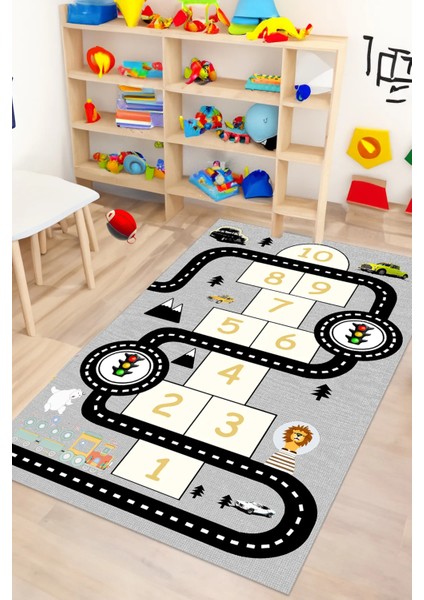 Dijital Kaymaz Yıkanabilir Araba Yollu Eğlenceli Eğitici Gri Çocuk Halısı Çocuk Oyun Halısı DC-9127