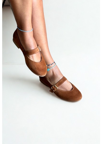 Taba Süet Hakiki Deri Yuvarlak Burunlu Tokalı Kadın Babet