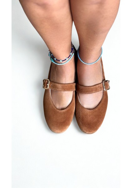 Taba Süet Hakiki Deri Yuvarlak Burunlu Tokalı Kadın Babet fiyatları