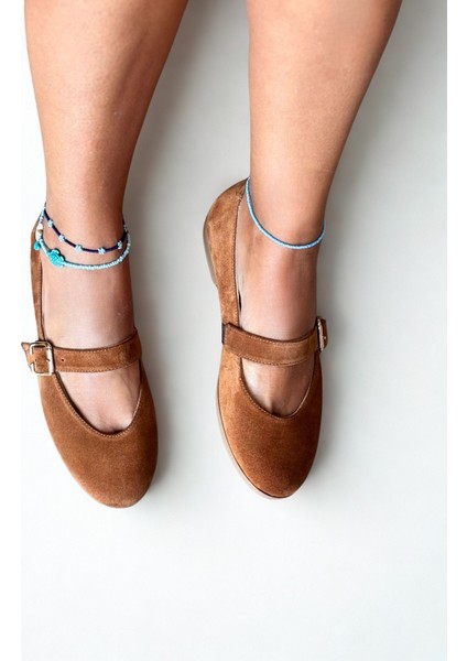 Taba Süet Hakiki Deri Yuvarlak Burunlu Tokalı Kadın Babet modelleri