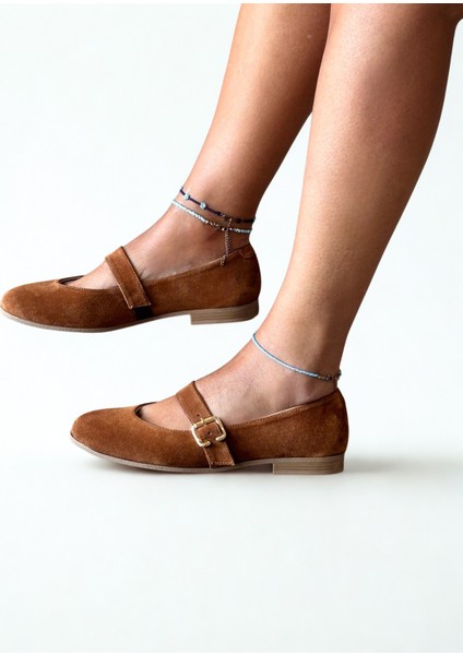 Taba Süet Hakiki Deri Yuvarlak Burunlu Tokalı Kadın Babet indirimleri