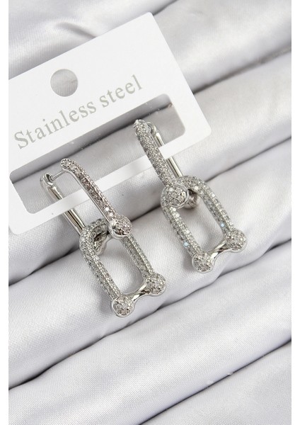 Pirinç Zirkon Taşlı Tifany Model Gümüş Renk Kadın Küpe