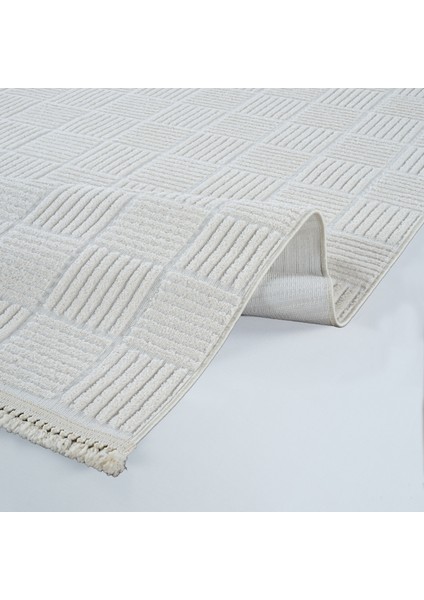 Beyaz Geometrik Etnik Modern Desenli Hav Vermeyen Leke Tutmayan Kolay Temizlenen Yumuşak Makine Salon Yolluk Mutfak Halı