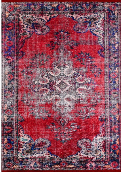 Belorecensk Kırmızı Eskitme Etnik Modern Desenli Makinada Yıkanabilir Hav Toz Vermez Leke Tutmayan Kaymaz Taban Dijital Makine Baskı Salon Yolluk Mutfak Halı