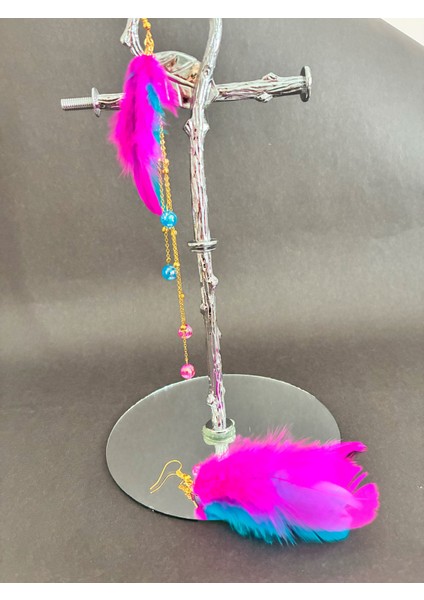 Fuşya Mavi Kuş Tüylü Boncuklu Altın Kaplama Malzemeli Konsept Kararmaz Küpe Çift, Party, Özel Gün fiyatları