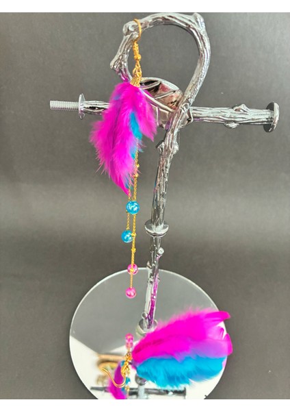 Fuşya Mavi Kuş Tüylü Boncuklu Altın Kaplama Malzemeli Konsept Kararmaz Küpe Çift, Party, Özel Gün indirimleri