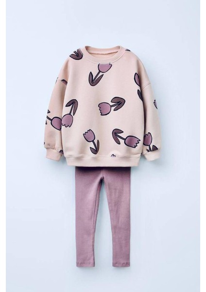 Kız Çocuk 3 Iplik Pamuklu Kumaş Lale Desenli Sweatshirt ve Fitilli Tayt Alt Üst Takım