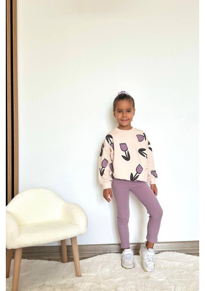 Kız Çocuk 3 Iplik Pamuklu Kumaş Lale Desenli Sweatshirt ve Fitilli Tayt Alt Üst Takım fiyatları