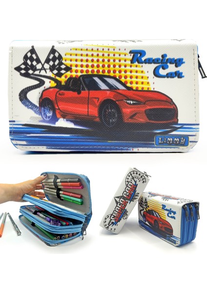 Kalem Kutusu Araba Cars Kawai Organizer Kalemkutu Vegan Deri Üç Bölmeli Kalemlik - Mavi