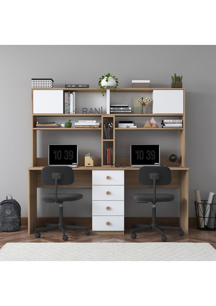 HA130 Iki Kişilik Raflı 2 Kapaklı 4 Çekmeceli Çalışma Ofis Bilgisayar Masası Sepet Ceviz - Beyaz modelleri