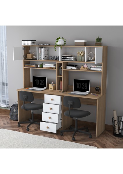 HA130 Iki Kişilik Raflı 2 Kapaklı 4 Çekmeceli Çalışma Ofis Bilgisayar Masası Sepet Ceviz - Beyaz fırsatları