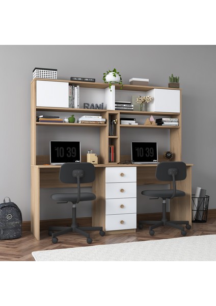 HA130 Iki Kişilik Raflı 2 Kapaklı 4 Çekmeceli Çalışma Ofis Bilgisayar Masası Sepet Ceviz - Beyaz indirimleri