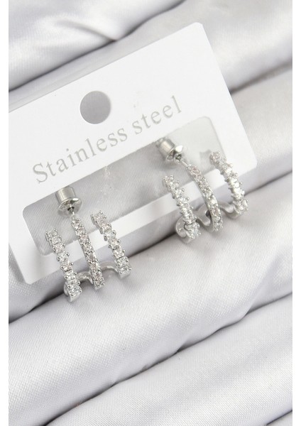 Pirinç Zirkon Taşlı Model Gümüş Renk Kadın Küpe