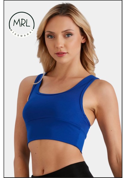 Kadın Mavi Spor Büstiyer Crop Halter Yaka Pedli Toparlayıcı Likralı Dalgıç Havuz Denize Uygun