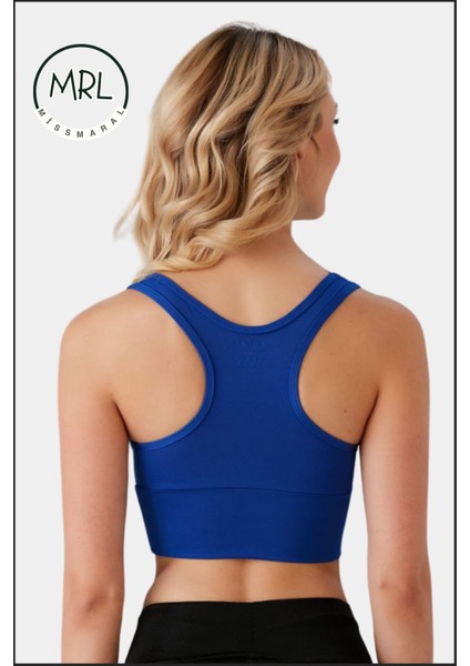 Kadın Mavi Spor Büstiyer Crop Halter Yaka Pedli Toparlayıcı Likralı Dalgıç Havuz Denize Uygun fiyatları