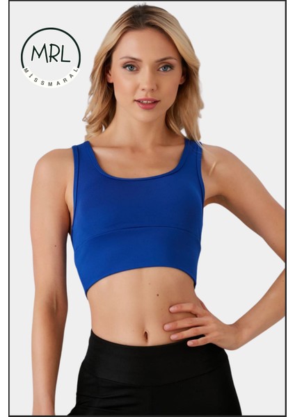 Kadın Mavi Spor Büstiyer Crop Halter Yaka Pedli Toparlayıcı Likralı Dalgıç Havuz Denize Uygun modelleri