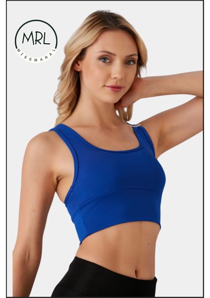 Kadın Mavi Spor Büstiyer Crop Halter Yaka Pedli Toparlayıcı Likralı Dalgıç Havuz Denize Uygun fırsatları