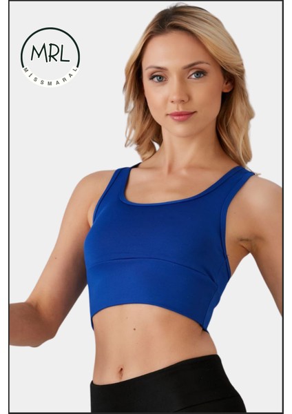 Kadın Mavi Spor Büstiyer Crop Halter Yaka Pedli Toparlayıcı Likralı Dalgıç Havuz Denize Uygun indirimleri