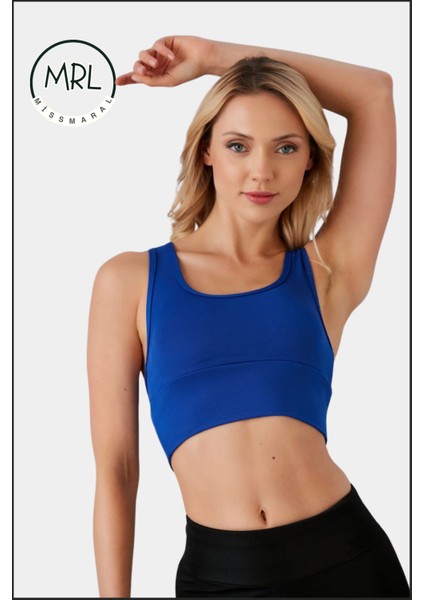 Kadın Mavi Spor Büstiyer Crop Halter Yaka Pedli Toparlayıcı Likralı Dalgıç Havuz Denize Uygun