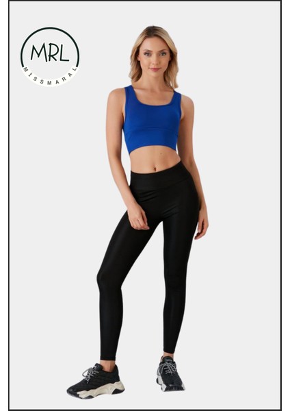 Kadın Mavi Spor Büstiyer Crop Halter Yaka Pedli Toparlayıcı Likralı Dalgıç Havuz Denize Uygun