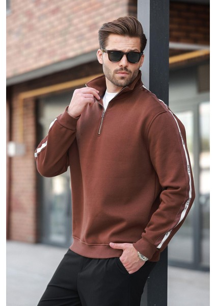 Acı Kahve Fermuarlı Yarım Balıkçı Yaka Erkek Sweatshirt E7164
