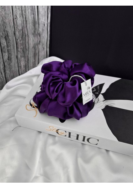 2'li Lüks Kadın Saten Toka - Mor Tutku Lastik Model Scrunchie - Anne Kız Kombini modelleri
