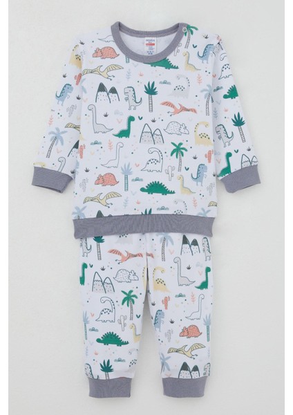 Erkek Bebek Eşofman Takım Omuzdan Patlı Sevimli Dinozorlar Desenli 4 Ay-1 Yaş, Beyaz