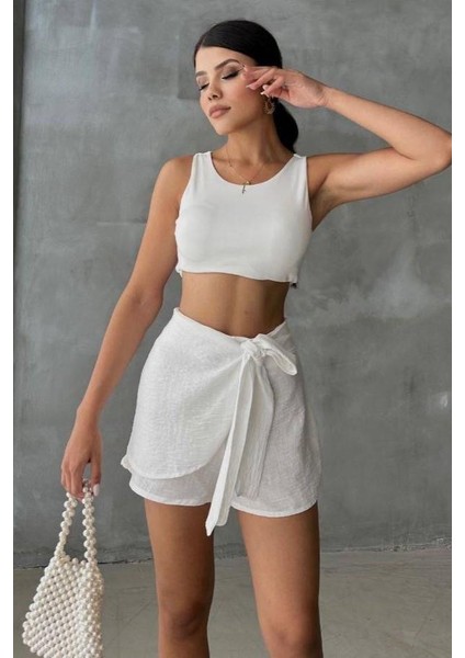 Beyaz Keten Bağlama Detaylı Yüksek Bel Slim Günlük Fermuarlı Şık Trend Yazlık Mini Şort Etek fiyatları