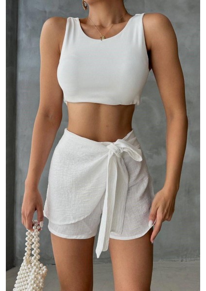 Beyaz Keten Bağlama Detaylı Yüksek Bel Slim Günlük Fermuarlı Şık Trend Yazlık Mini Şort Etek fırsatları
