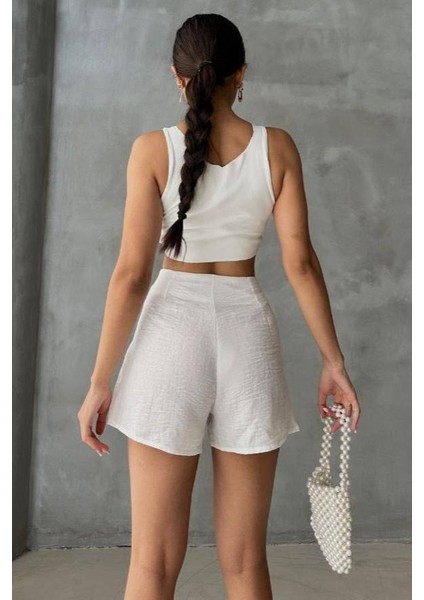 Beyaz Keten Bağlama Detaylı Yüksek Bel Slim Günlük Fermuarlı Şık Trend Yazlık Mini Şort Etek indirimleri