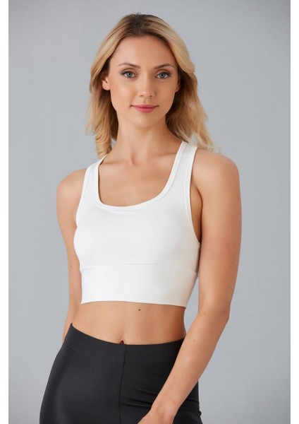 Kadın Ekru Spor Büstiyer Crop Halter Yaka Pedli Toparlayıcı Likralı Dalgıç Havuz Deniz Uygun
