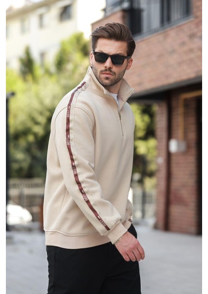 Bej Fermuarlı Yarım Balıkçı Yaka Erkek Sweatshirt E7164 modelleri