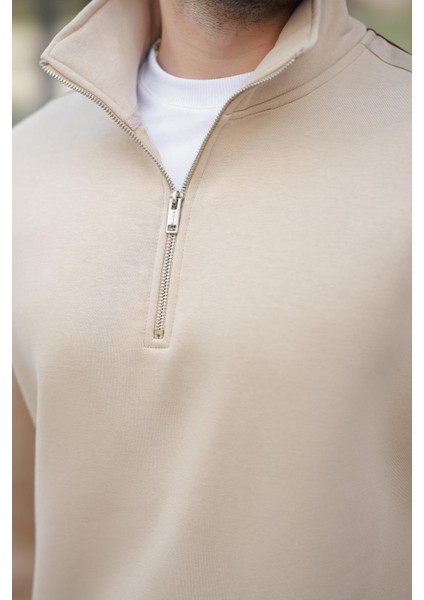 Bej Fermuarlı Yarım Balıkçı Yaka Erkek Sweatshirt E7164 fırsatları