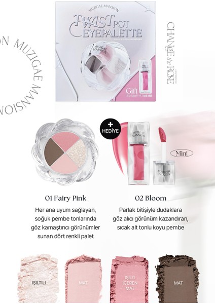 4'lü Far Paleti + Mini Boy Icy Glow (Set) Muzıgae Mansıon Twist Pot Eye Palette (01 Fairy Pink) fırsatları