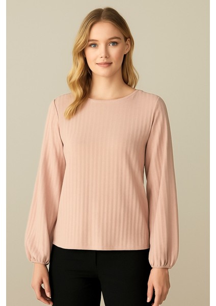Kadın Pudra Uzun Kollu Rahat Kalıp Bluz , Şık Rahat ve Günlük , Kadın Bluz