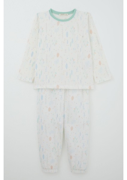 Kız Çocuk Pijama Takımı Bahar Fısıltısı Renkli Yapraklar Desenli 4-8 Yaş, Ekru fiyatları