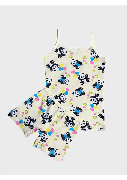 Kız Çocuk %100 Pamuklu Sarı Kalp Panda Desenli Atlet Boxer Takımı