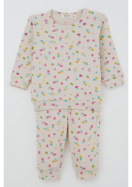 Kız Bebek Pijama Takımı Omuzdan Patlı Renkli Çiçek Desenli 4 Ay-1 Yaş, Krem