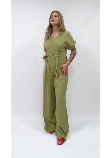 Kadın Nisan Kısa Kollu Kemer Detaylı Tulum