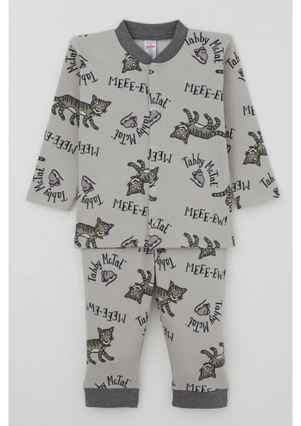 Erkek Bebek Pijama Takımı Sevimli Kedi ve Farecik Desenli 0-1 Yaş, Gri
