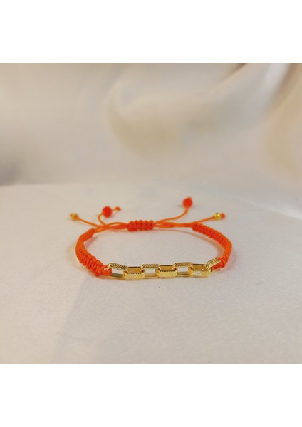 Turuncu Ipli Altın Kaplama Zincir Geçişli Kristal Boncuklu Örgü Makrome Bileklik, El Yapımı Unisex Takı, Kadın Erkek Yazlık Ayarlanabilir Şık Hediyelik Günlük Kombin Moda Aksesuar
