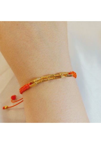 Turuncu Ipli Altın Kaplama Zincir Geçişli Kristal Boncuklu Örgü Makrome Bileklik, El Yapımı Unisex Takı, Kadın Erkek Yazlık Ayarlanabilir Şık Hediyelik Günlük Kombin Moda Aksesuar fiyatları